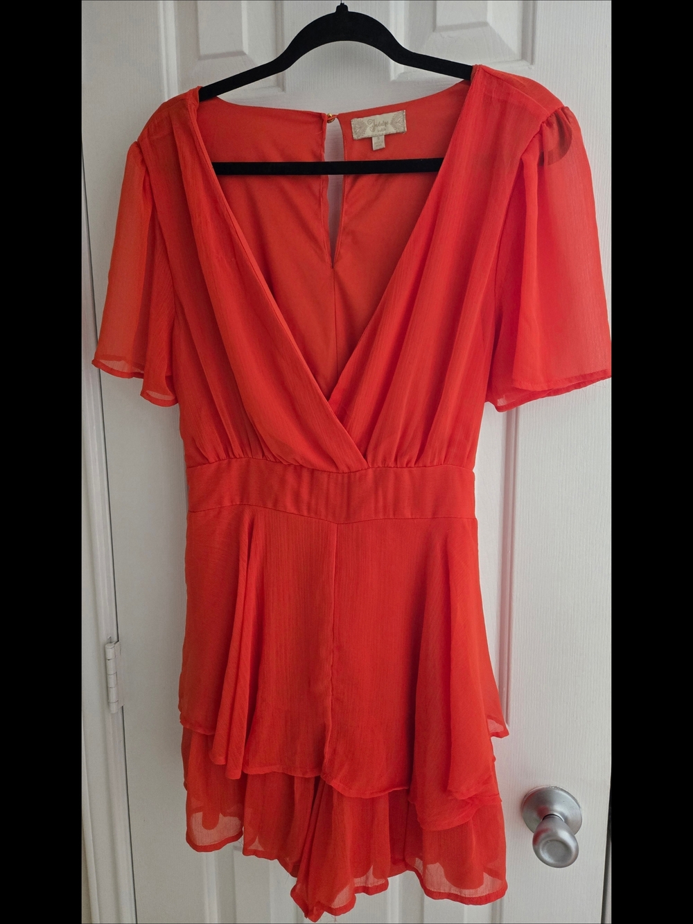 Indulge Coral Red Faux Wrap V Neck Layered Romper Women's Size Small NWOT